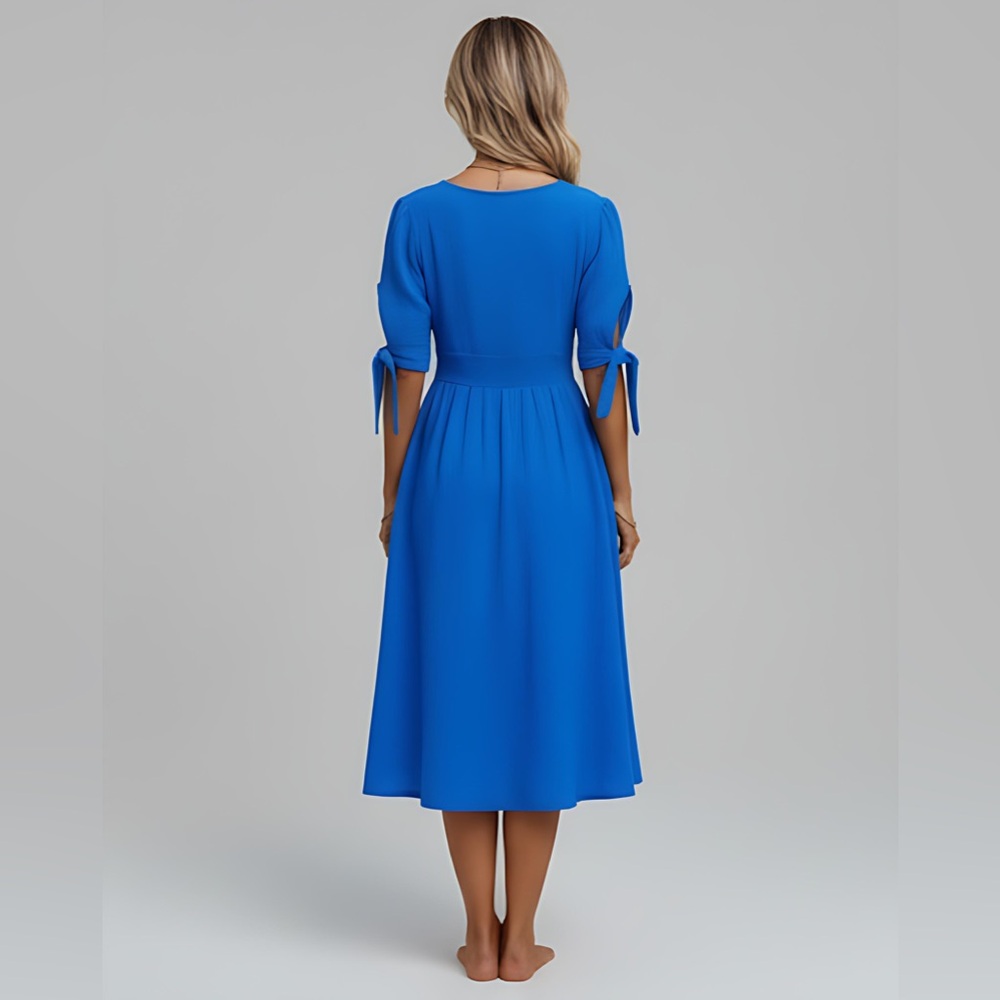 Blue Button Front A-line Cotton Dress - Picture 4 of 6
